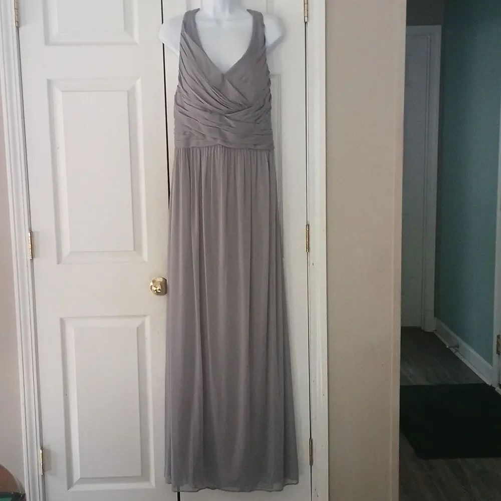 Davids Bridal gray  maxi crossover back formal prom dress Sz 16 EUC